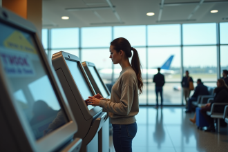 Femme enregistrement à un kiosque d'aéroport moderne
