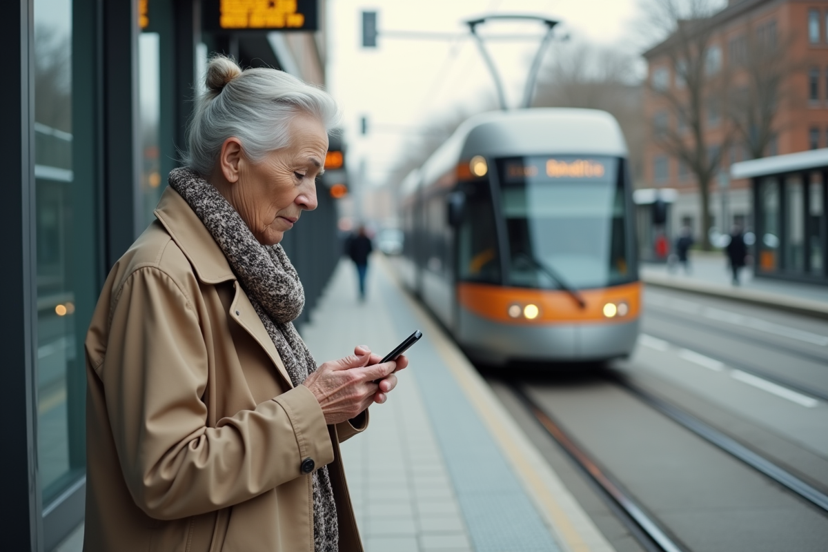 Femme âgée attendant le tram dans un environnement urbain