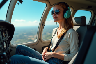 Femme en jeans et lunettes dans un hélicoptere moderne