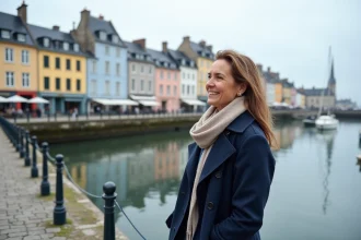 Femme souriante dans le port d'Honfleur en trench bleu