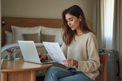 Jeune femme à la chambre d'hôtel étudie une facture