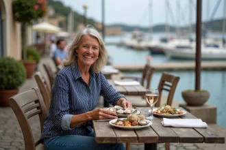 Femme souriante dégustant des huîtres à Leucate
