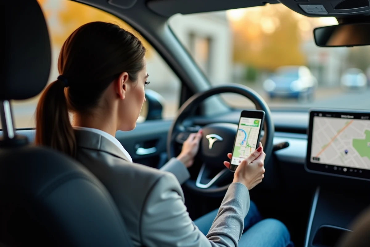 Femme consultant l'application ViaMichelin sur smartphone monté dans une voiture pour suivre les infos trafic en direct