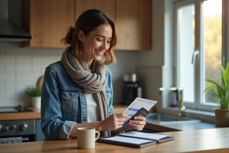 Jeune femme organisant ses papiers de voyage dans la cuisine