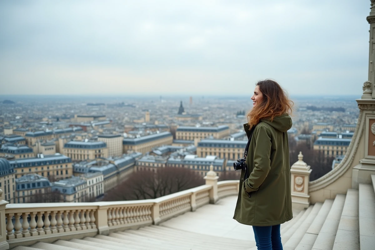 Femme admirant le panorama de Paris depuis les escaliers du Sacré-Cœur à Montmartre