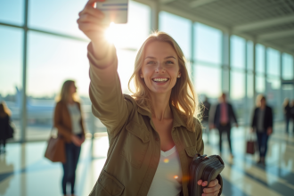 Jeune femme souriante avec permis et valise à l'aéroport