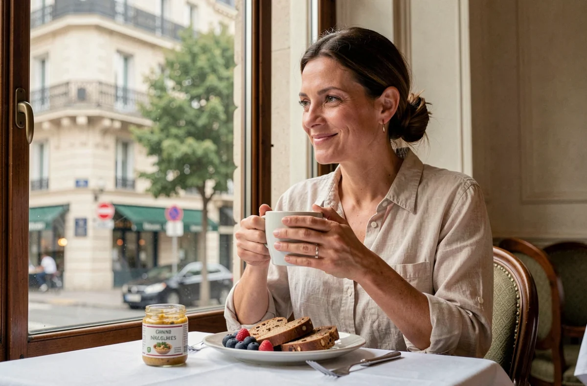 Femme savourant son petit-déjeuner avec produits locaux dans un hôtel du centre-ville de Dijon, vue sur rue bourguignonne typique depuis la salle de restaurant