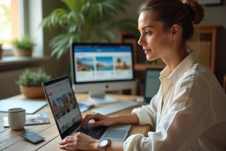 Femme consultant un site de voyage en ligne pour planifier des vacances en Méditerranée