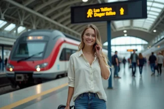 Jeune femme souriante sur la plateforme de Lyon PartDieu avec train moderne