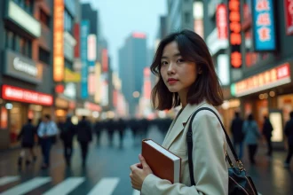Femme préparant son séjour à Tokyo dans le quartier de Shinjuku, carnet de voyage à la main devant des enseignes japonaises