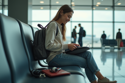 Jeune femme organise ses affaires dans un aéroport