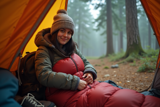 Jeune femme dans une tente en forêt en train de zipper son sac de couchage
