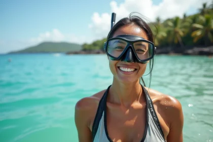 Femme souriante en snorkeling à Lovina en Indonésie