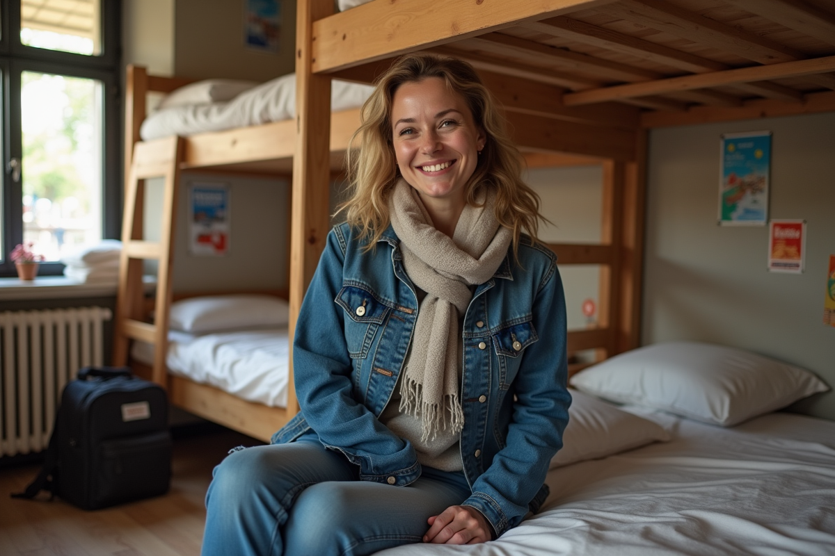 Femme souriante dans un dortoir de hostel cosy