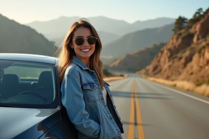 Jeune femme souriante en denim devant une voiture en Californie