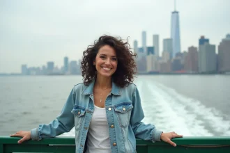 Femme souriante sur le pont du Staten Island Ferry avec la skyline de Manhattan en arrière-plan