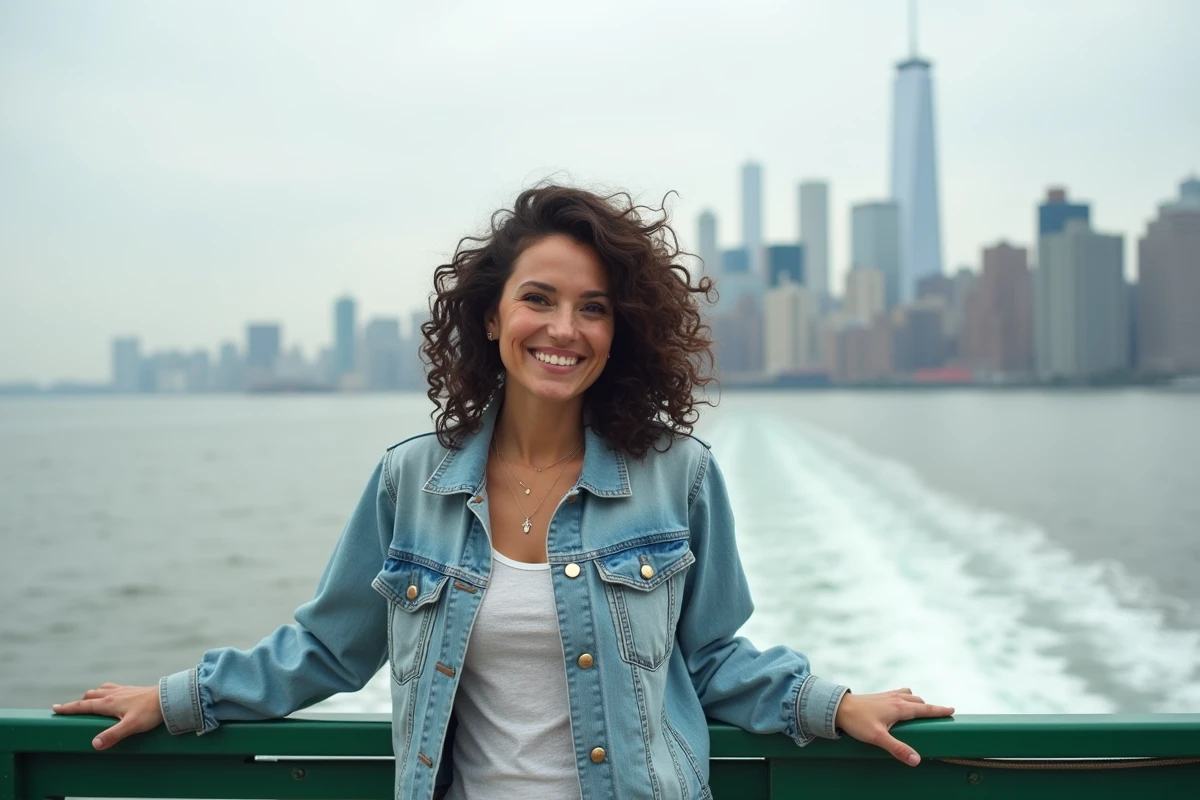 Femme souriante sur le pont du Staten Island Ferry avec la skyline de Manhattan en arrière-plan