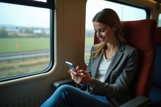 Femme dans un train regardant son smartphone avec paysage rural
