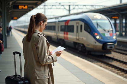 Femme en trench checkant un billet sur une plateforme en France