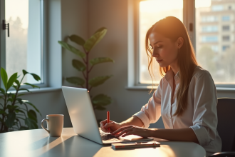 Jeune femme professionnelle utilisant un ordinateur portable pour s'inscrire en ligne