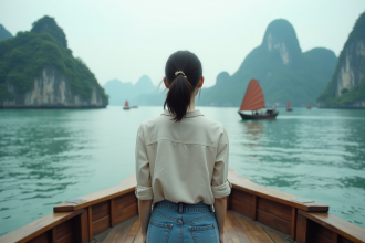 Jeune femme vietnamienne regardant la baie d'Halong