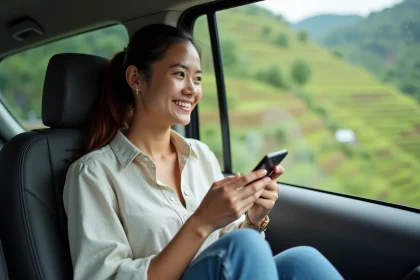 Jeune femme souriante regardant par la fenêtre d'une minivan en voyage
