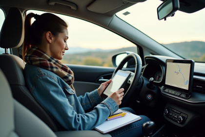 Jeune femme en voiture regardant Google Maps
