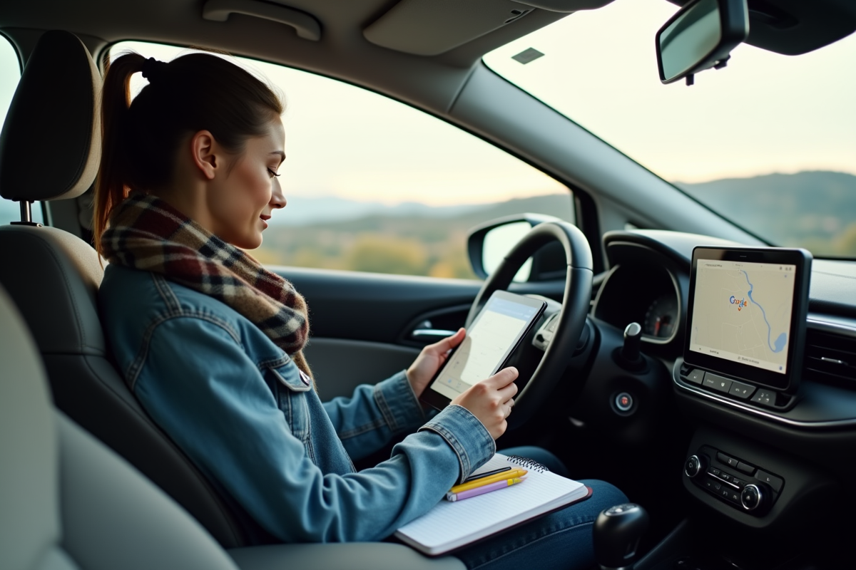 Jeune femme en voiture regardant Google Maps