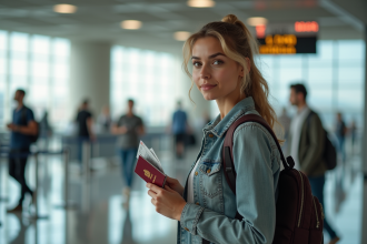 Jeune femme avec passeport à l'aéroport en voyage