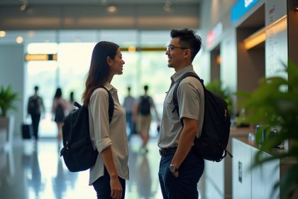 Jeune femme voyageuse souriante à Bali à l'aéroport