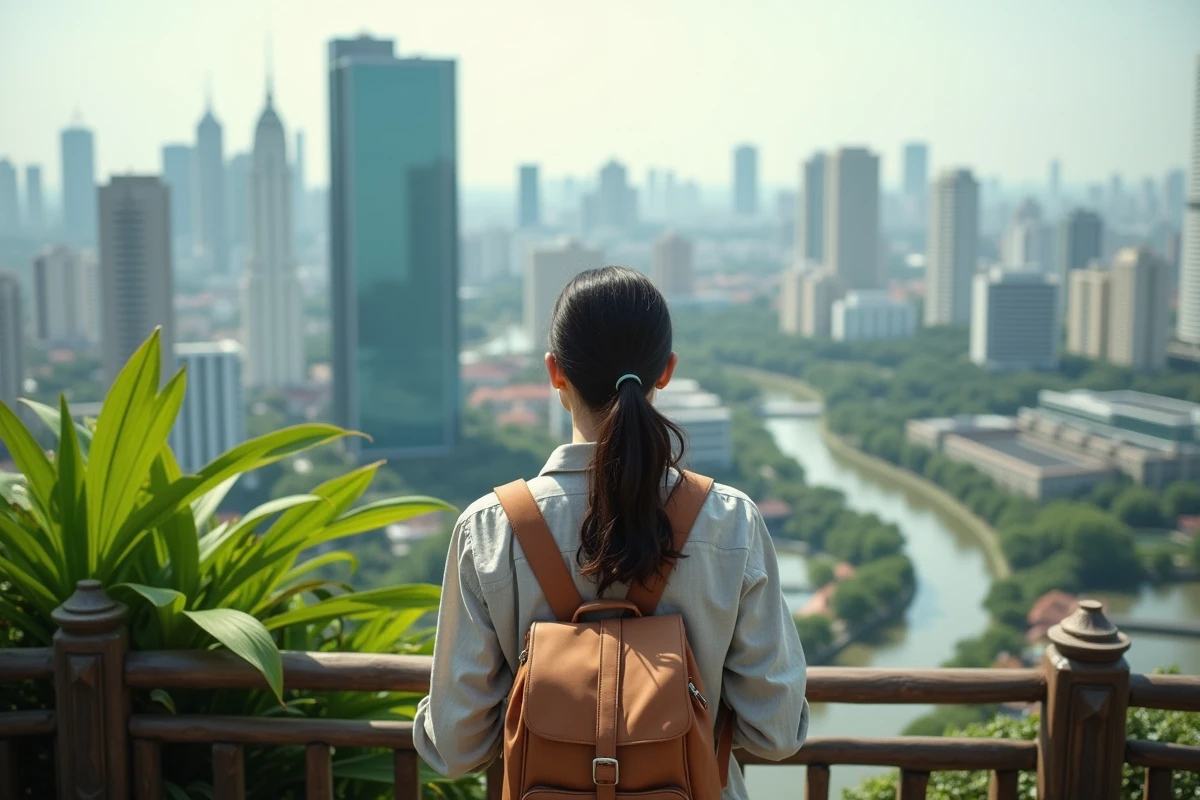 Femme voyageant à Bangkok depuis une terrasse
