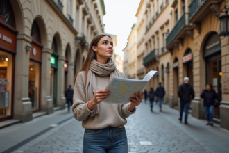 Jeune femme avec carte dans une vieille ville européenne