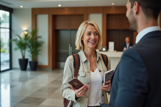 Femme voyageuse avec passeport dans un lobby d'hôtel