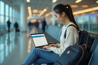 Jeune femme asiatique avec ordinateur à l'aéroport pour {titre}