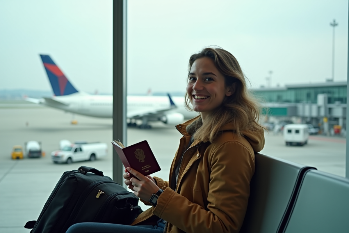 Femme souriante avec passeport dans un aéroport moderne