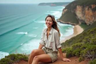 Jeune femme souriante sur une falaise en Australie
