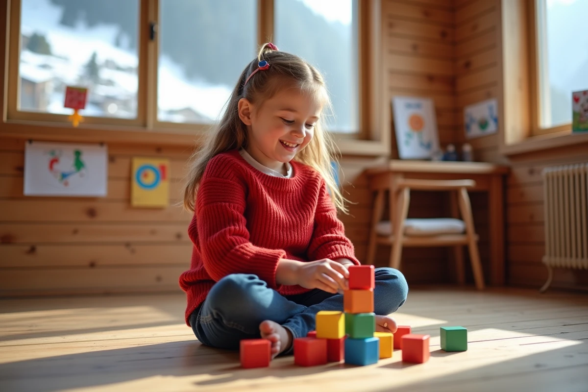 Jeune fille jouant avec des blocs dans une salle de montagne
