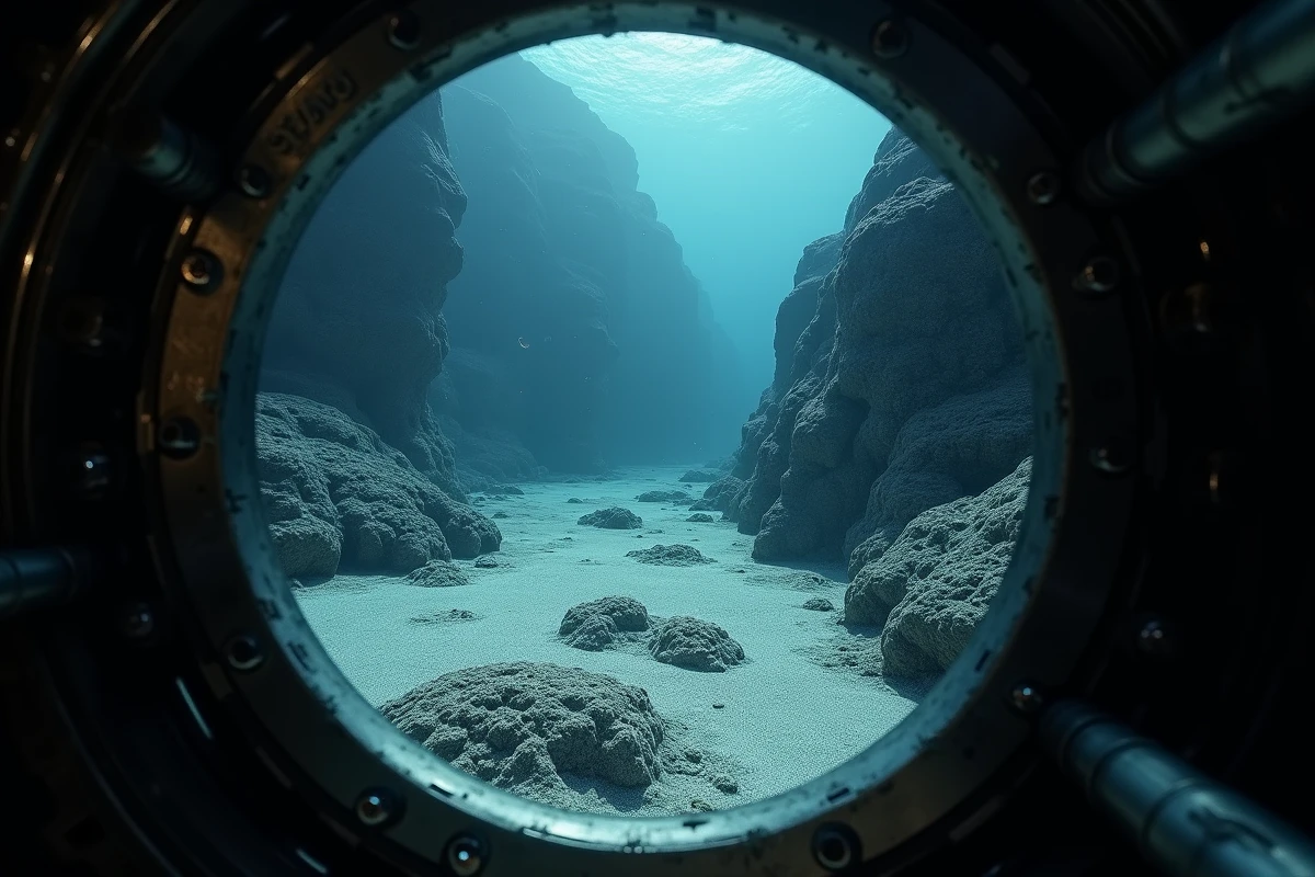 Vue depuis le hublot d'un submersible sur un mont sous-marin au fond de l'océan