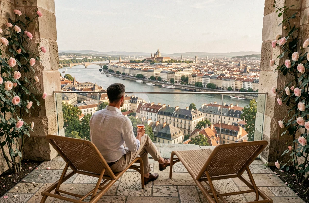 Terrasse panoramique du Fourvière Hôtel avec vue imprenable sur Lyon depuis la colline de Fourvière