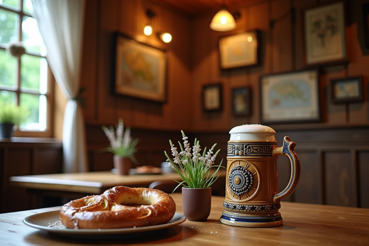 Intérieur rustique d'un Gasthaus bavarois traditionnel à Gummering avec un chope de bière en céramique et des bretzels sur une table en bois