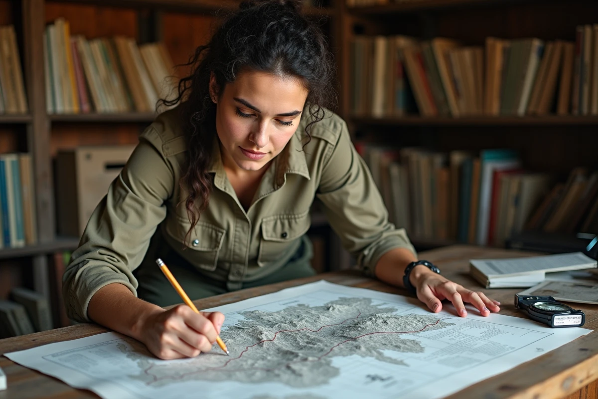 Géographe analysant une carte topographique de montagne dans un poste de recherche terrain