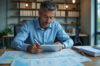 Manager logistique homme en réunion avec tablette