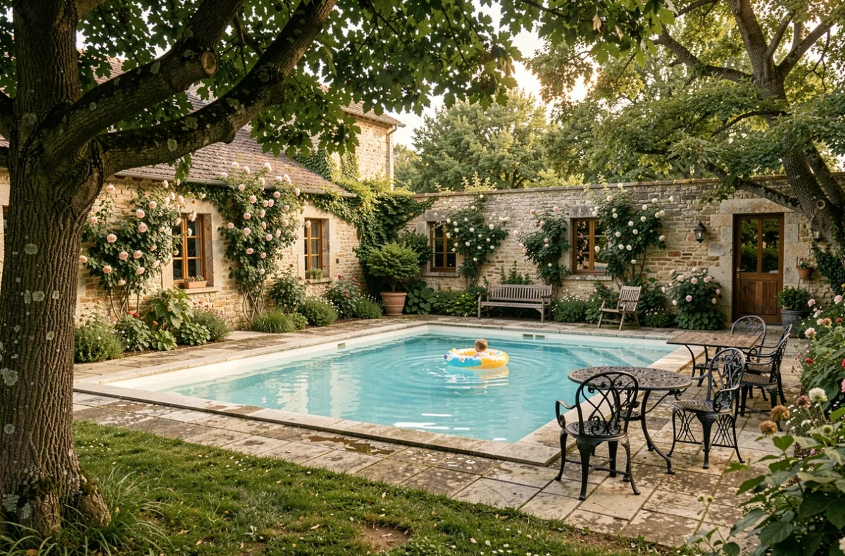 Piscine privée dans le jardin fleuri d'un gîte familial dans l'Aisne, Hauts-de-France