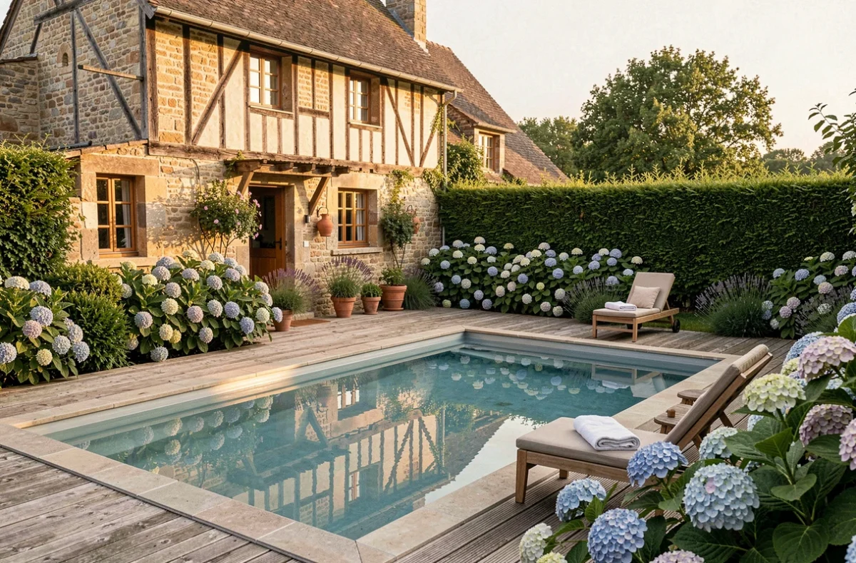 Gîte en pierre normande avec piscine privée entourée de haies et d'hortensias en fleurs