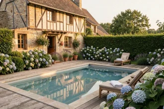 Gîte en pierre normande avec piscine privée entourée de haies et d'hortensias en fleurs