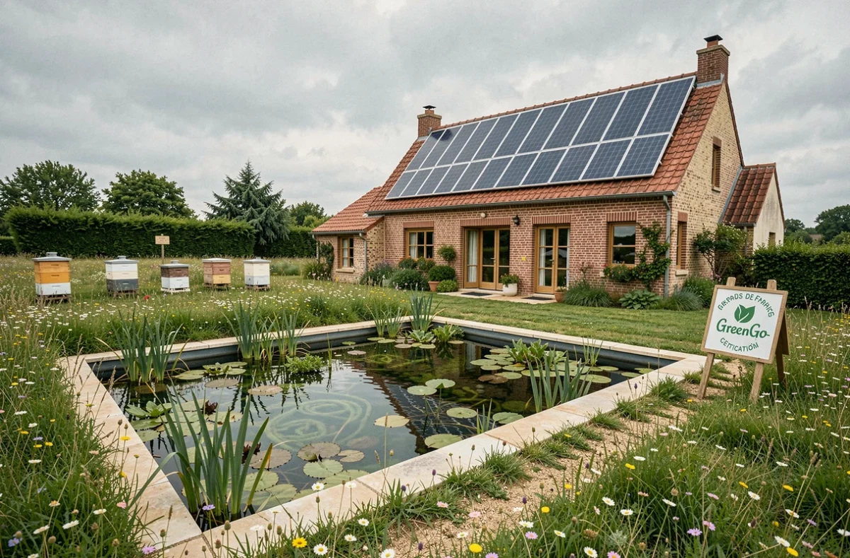 Hébergement éco-responsable GreenGo avec piscine naturelle et prairie fleurie dans les Hauts-de-France
