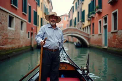 Gondolier italien traditionnel sur un canal vénitien