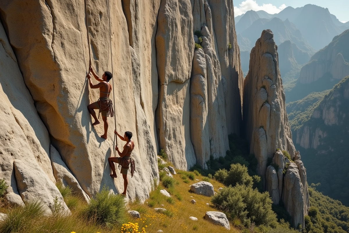 Ancien grimpeur sur une falaise de calcaire avec techniques primitives
