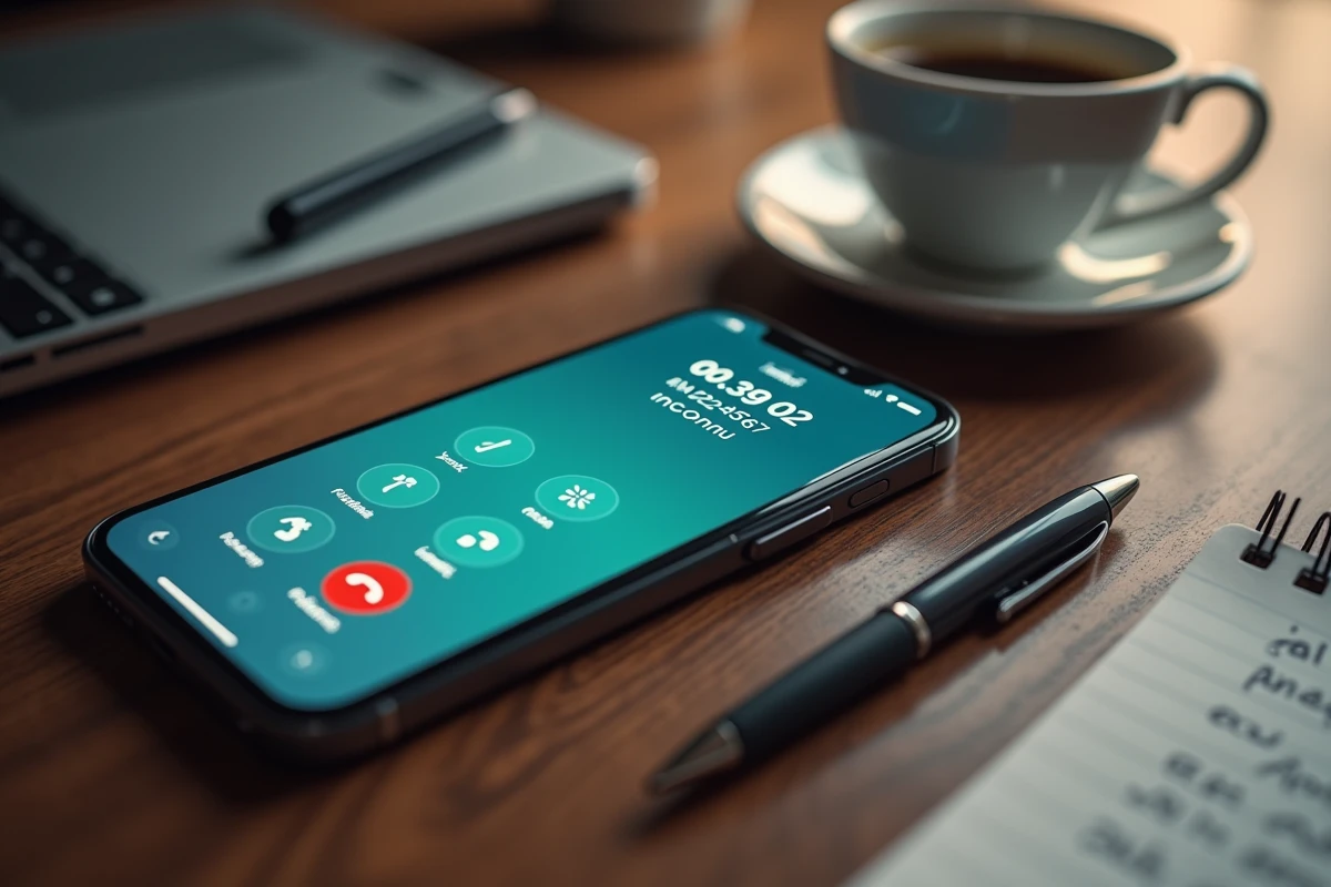Gros plan d'un smartphone affichant un appel inconnu avec l'indicatif 00 39 posé sur un bureau en bois