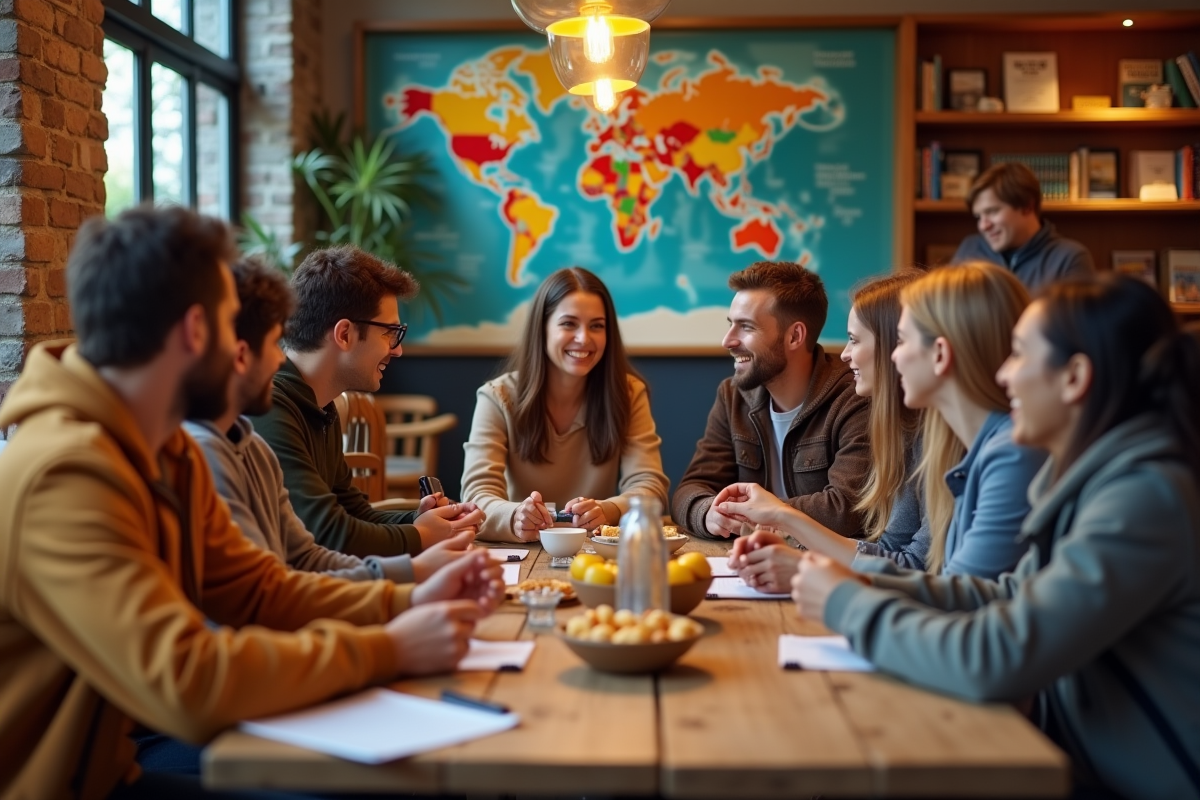 Groupe de voyageurs partageant un repas convivial